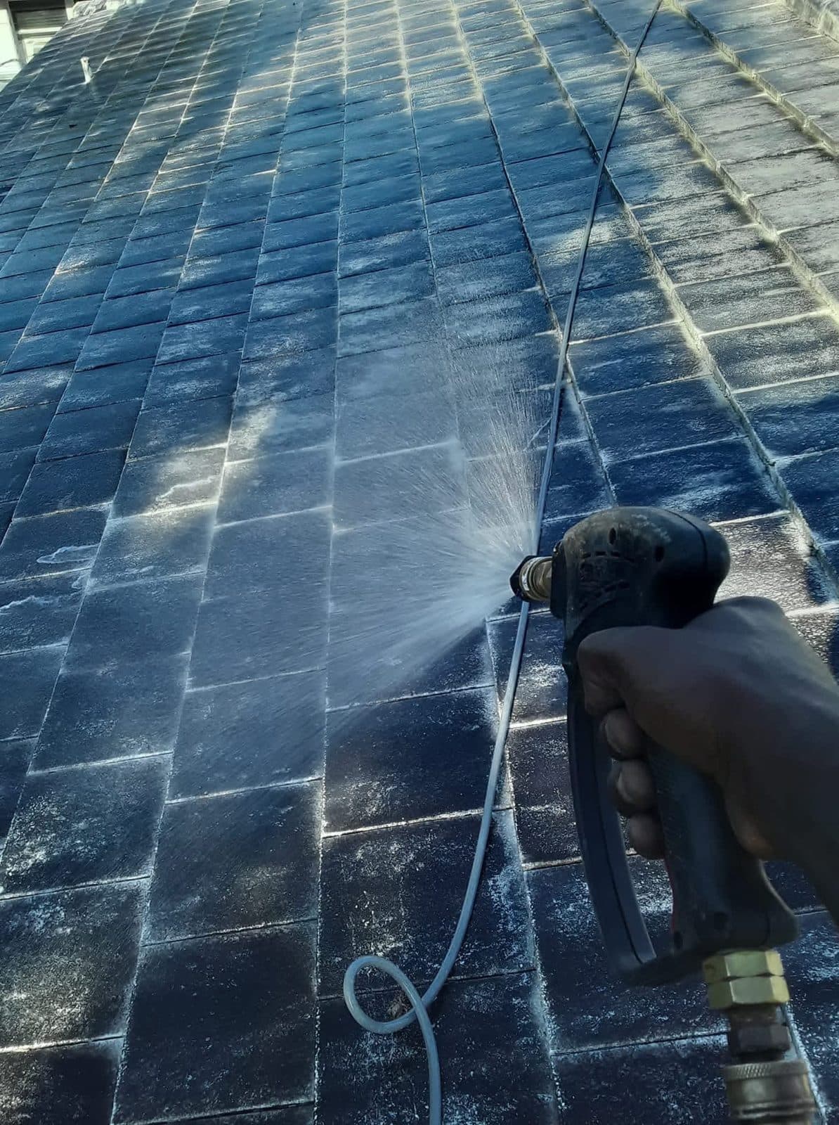 Soft-wash solution sprayed across a dark shingle roof from a hand-held gun