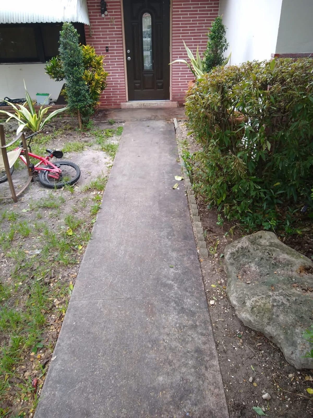Grey, algae-stained concrete front walk leading to a front door before cleaning